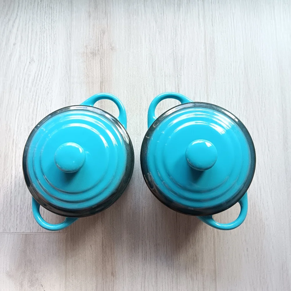 Pair of Ceramic Bowls with Lids & Handles Aqua Blue White 4.5